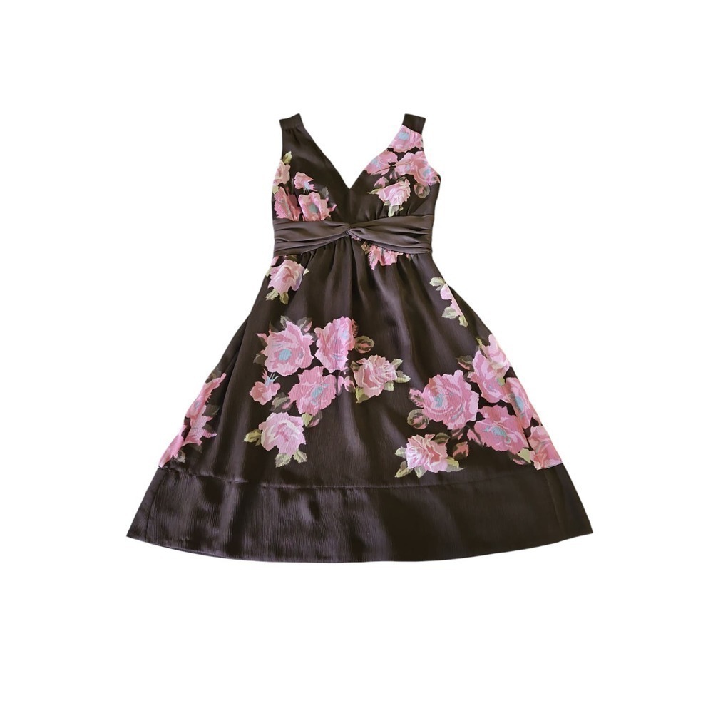 The Limited Dress Womens 0 Brown Pink Floral Rose V-Neck Empire Waist Sleeveless